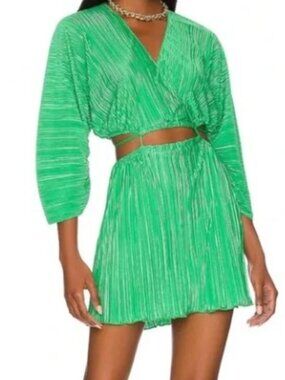 Good American Plisse Sculpted Dress Summer Green Crepe mini skirt 1/2 S/M